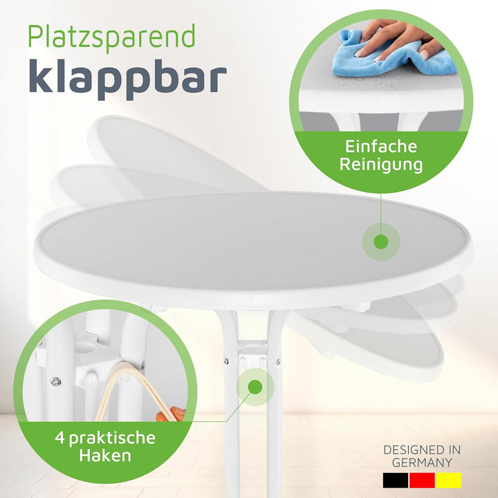 BeFair Stehtisch Klappbar Weiss Ø 70 cm Rund Nico - Stabiler Partytisch in Höhe 110 cm mit 4 praktis