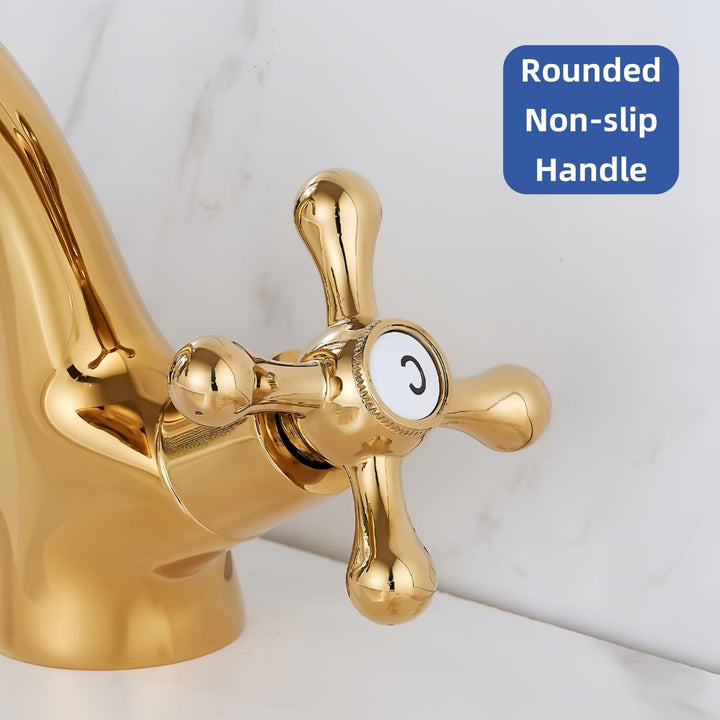 Wasserhahn Armatur Bad Zweigriff Gold, Waschtischarmatur Messing mit Kreuzgriff, Mischbatterie Badez