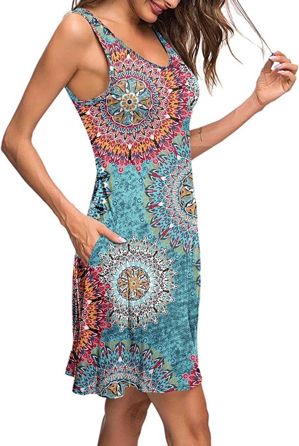AUSELILY Damen Sommerkleid V-Ausschnitt Strandkleid Ärmellos Swing Kleider mit Taschen S 01 Grün Dru