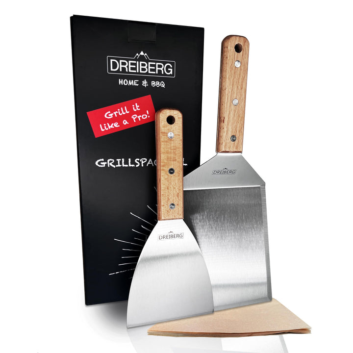 Grillspachtel Set mit Buchenholz und Edelstahl inkl. 20 STK. Burgerpapier - Grill Pfannenwender für