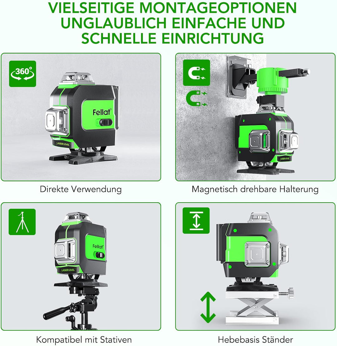 Kreuzlinienlaser 4x360°, FELLAT Grün Selbstnivellierend Laser Wasserwaage 16 Linienlaser Rotationsla