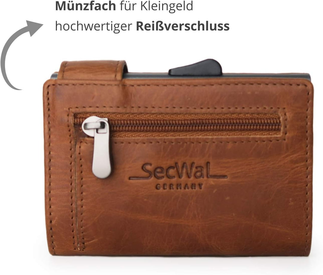 SecWal Kartenetui mit Münzfach Reissverschluss (Cognac Braun), Cognac Braun
