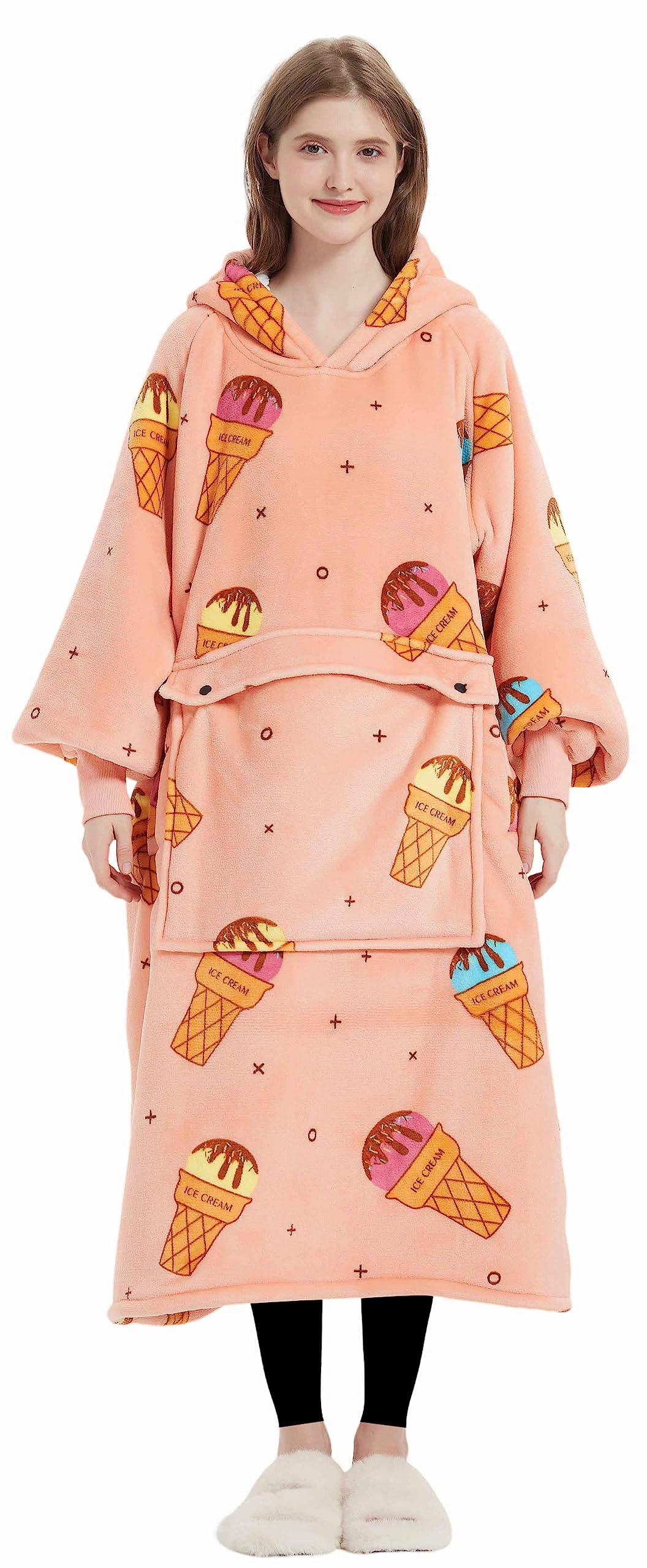 KFUBUO Tragbare Decke Hoodie für Erwachsene Sherpa Alle Muster Eiscreme Übergrosse Sweatshirt Decke