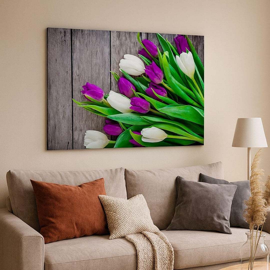 Bilder auf Leinwand 100x70cm Leinwandbild Tulpen Holz Blumenstrauss Blumen Gross Wanddeko Bild Schla