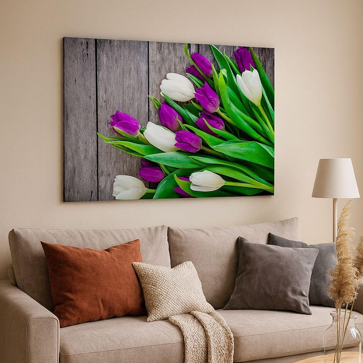 Bilder auf Leinwand 100x70cm Leinwandbild Tulpen Holz Blumenstrauss Blumen Gross Wanddeko Bild Schla