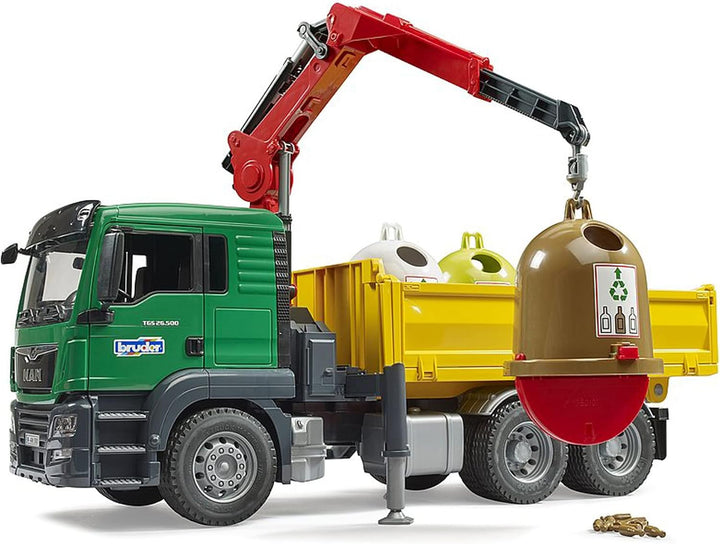 bruder 03753 - Man TGS Kran LKW mit 3 Altglascontainern & Flaschen - 1:16 Lastwagen Laster Kranwagen