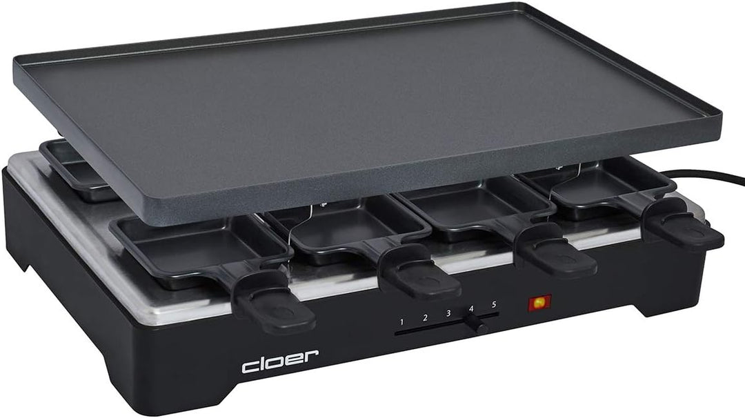 Cloer 6446 Raclettegrill mit Aluminium Druckguss Platte - beidseitig verwendbar, 1200 W, 8 antihaftb