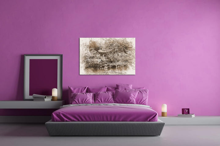 deyoli traditionell japanischer Garten Effekt: Sepia, Format: 80x60 als Leinwandbild, Motiv fertig g