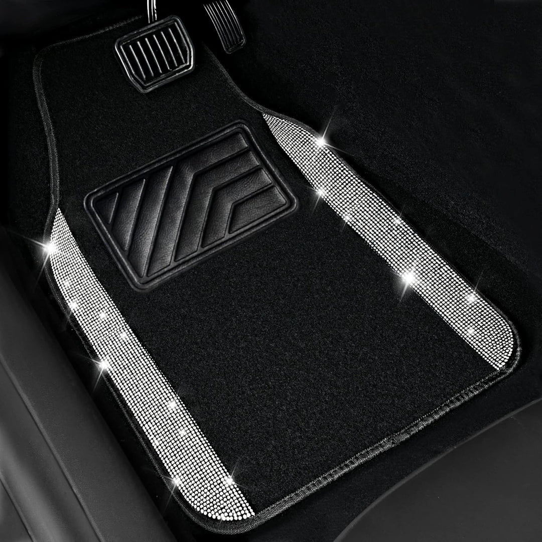 CAR PASS Universal Fit Glorious Strass-Teppich und Leder, komplettes Set, 4-teilig (schwarz und silb