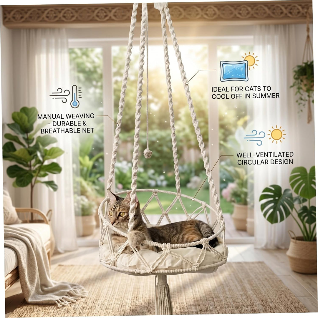 Handgewebte hängende Katzenbett-Hängemattenschaukel mit weichem Kissen und Bommel, Wand- oder Fenste