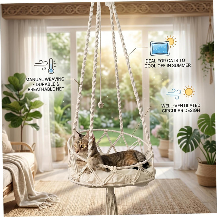 Handgewebte hängende Katzenbett-Hängemattenschaukel mit weichem Kissen und Bommel, Wand- oder Fenste