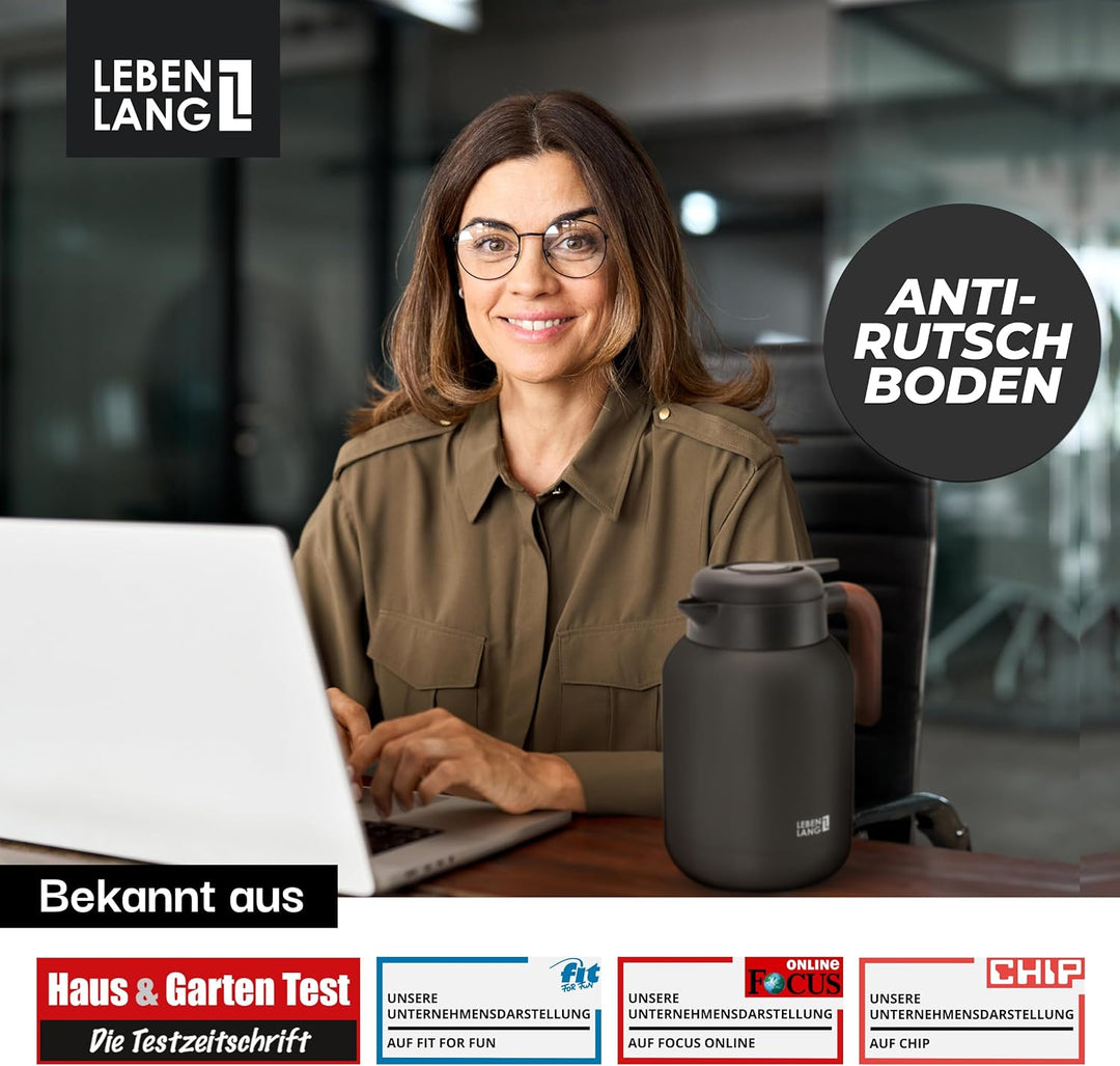 LEBENLANG Thermoskanne 1,5L Keramikbeschichtung - Inkl. Teesieb I 24h Heiss I Kaffeekanne Kaffee & T