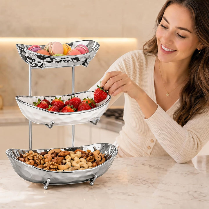 3-stufiger Obst Etagere Obstschale Keramik, Snackteller mit Metallgestell, für Küche, Wohnzimmer (We