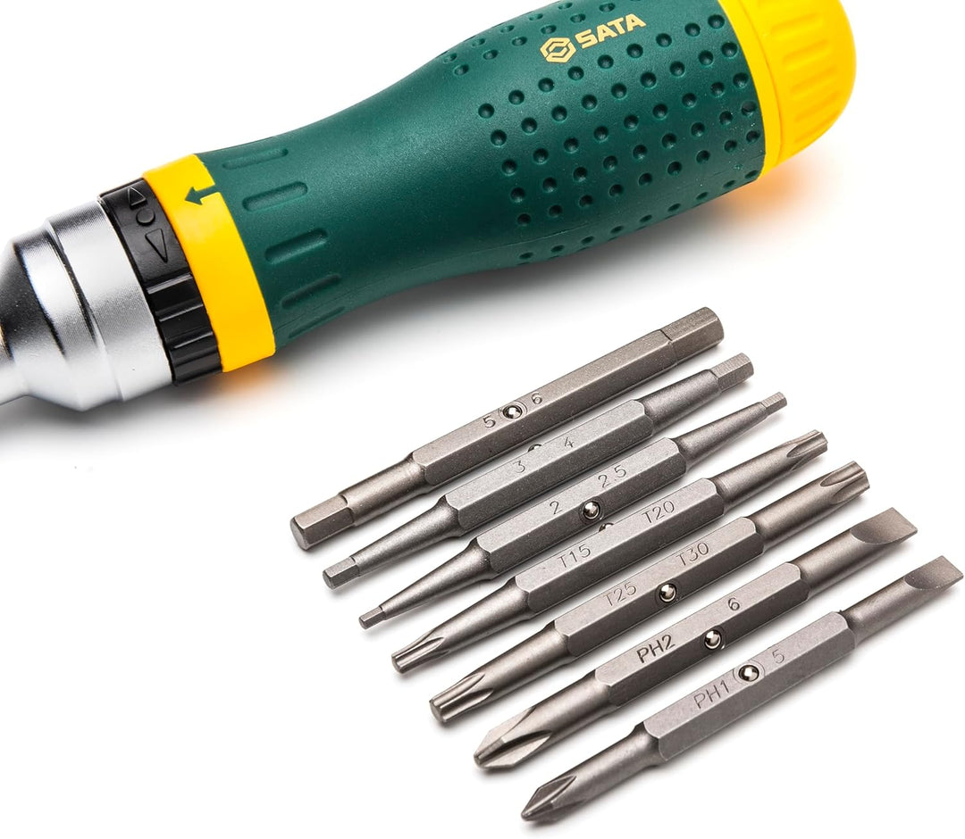 SATA ST09350 19-in-1 Multipurpose Ratcheting Screwdriver Set with 8 Double-Sided Bits and a Green an