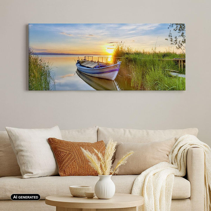 Panorama Bilder auf Leinwand See Boot Wasser Leinwandbild mit Rahmen 90x30cm Wandbilder Dekoration W