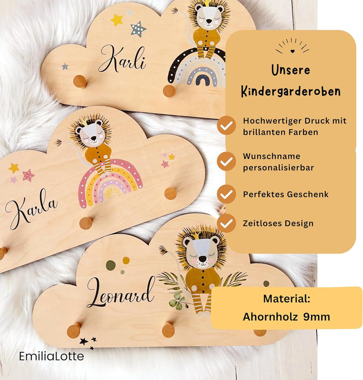 EmiliaLotte Kindergarderobe Personalisiert mit Wunschname I Garderobe Kinder aus Holz - Verschiedene