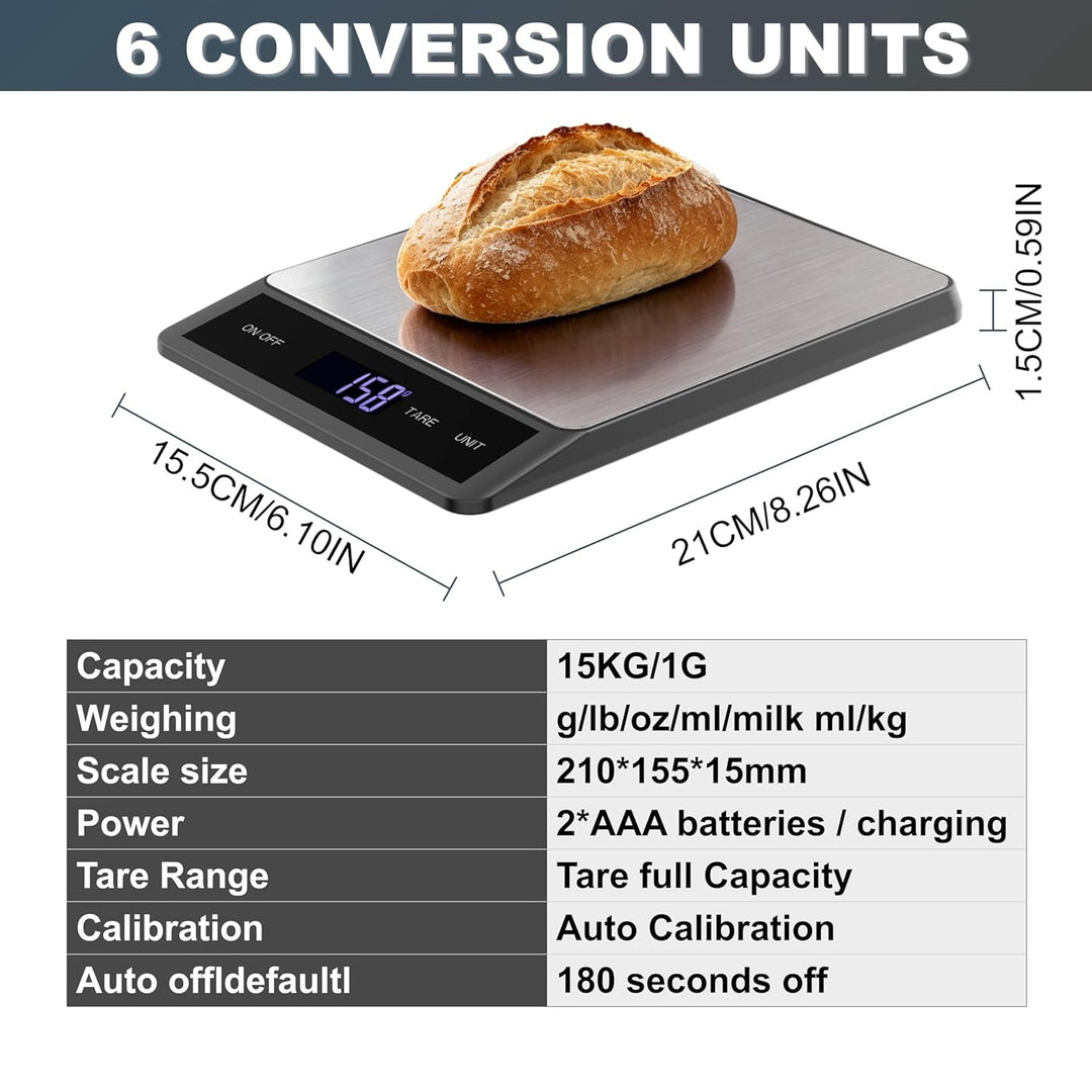Küchenwaage Digital 15kg/1g, Waage Küche USB Wiederaufladbar, Digitale Küchenwaage mit Tara-Funktion