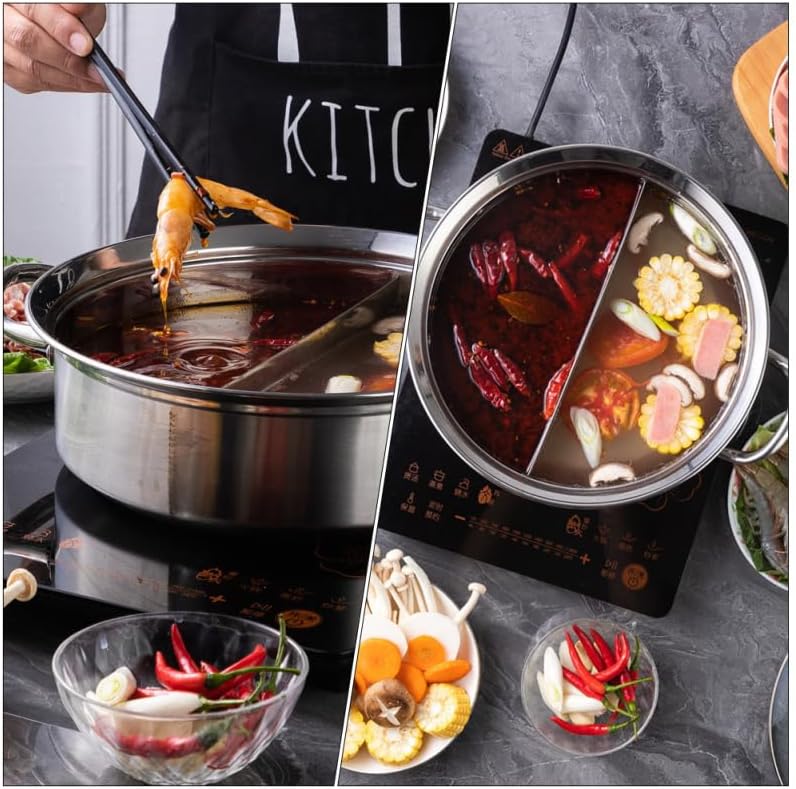 HEMOTON Hot Pot mit Trennwand Edelstahl Shabu Shabu Topf mit Glasdeckel Kochgeschirr Set Hot Pot Sup
