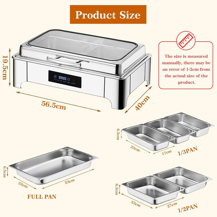 Chafing Dish Elektrisch, 9L Edelstahl Speisewärmer Buffetwärmer Einstellbare Temperatur, Warmhaltebe
