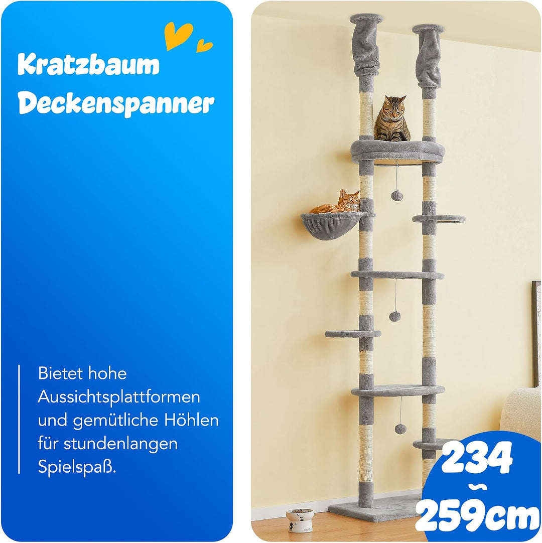 Deckenhoher Katzenbaum 234-259 cm höhenverstellbar, 2-Säulen-Design mit 12 Sisal-Pfosten, mehrstöcki