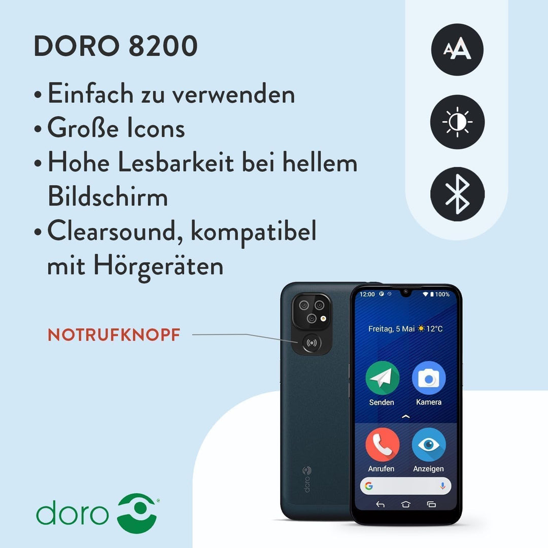 Doro - 8200 Secure - 4G-Senioren-Smartphone ohne Vertrag - Mit Notruf-Armband - 6.1'' Display - Notr