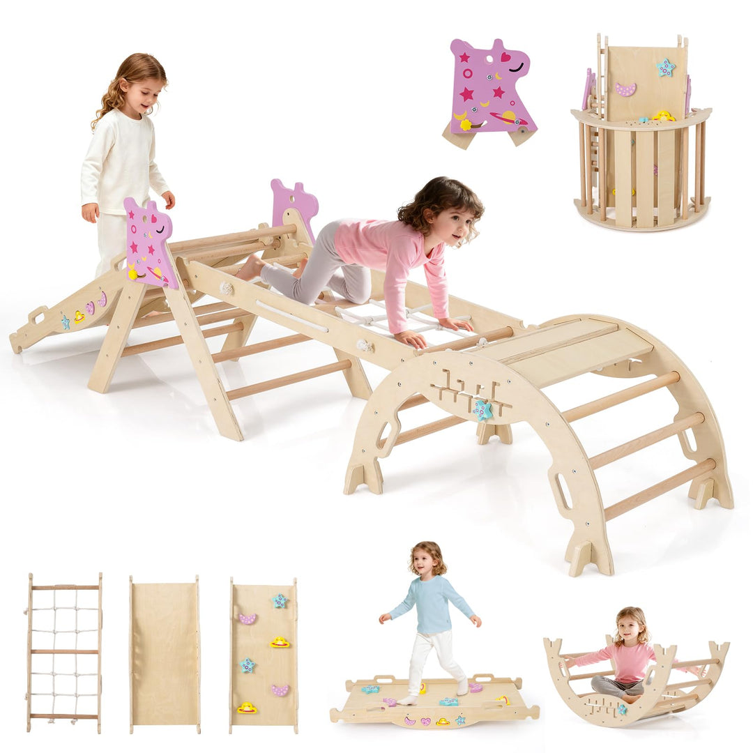 GOPLUS 9-in-1 Klettergerüst Indoor, Kletterdreieck Holz, 4er Set Kletterspielzeug mit Kletternetz, K