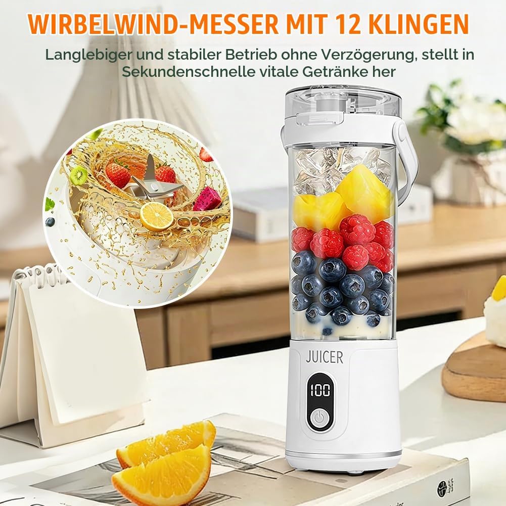 Tragbarer Mixer to go, 600ml Fresh Juice Mixer Flasche Mini Mixer und Smoothie Maker mit 12 Klingen,