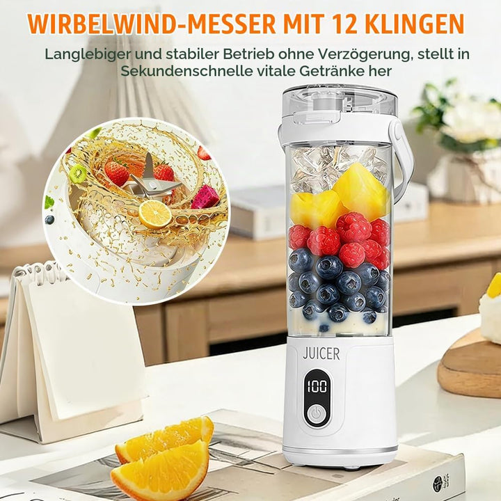 Tragbarer Mixer to go, 600ml Fresh Juice Mixer Flasche Mini Mixer und Smoothie Maker mit 12 Klingen,