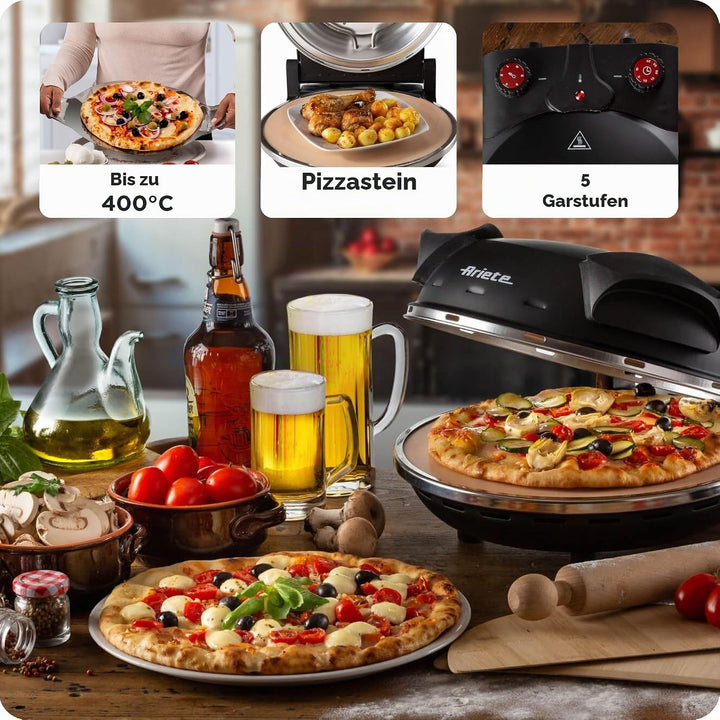 Ariete 917 Pizza in 4 Minuten, Pizzaofen, 1200 W, Schamottstein mit Antihaftbeschichtung, Höchsttemp