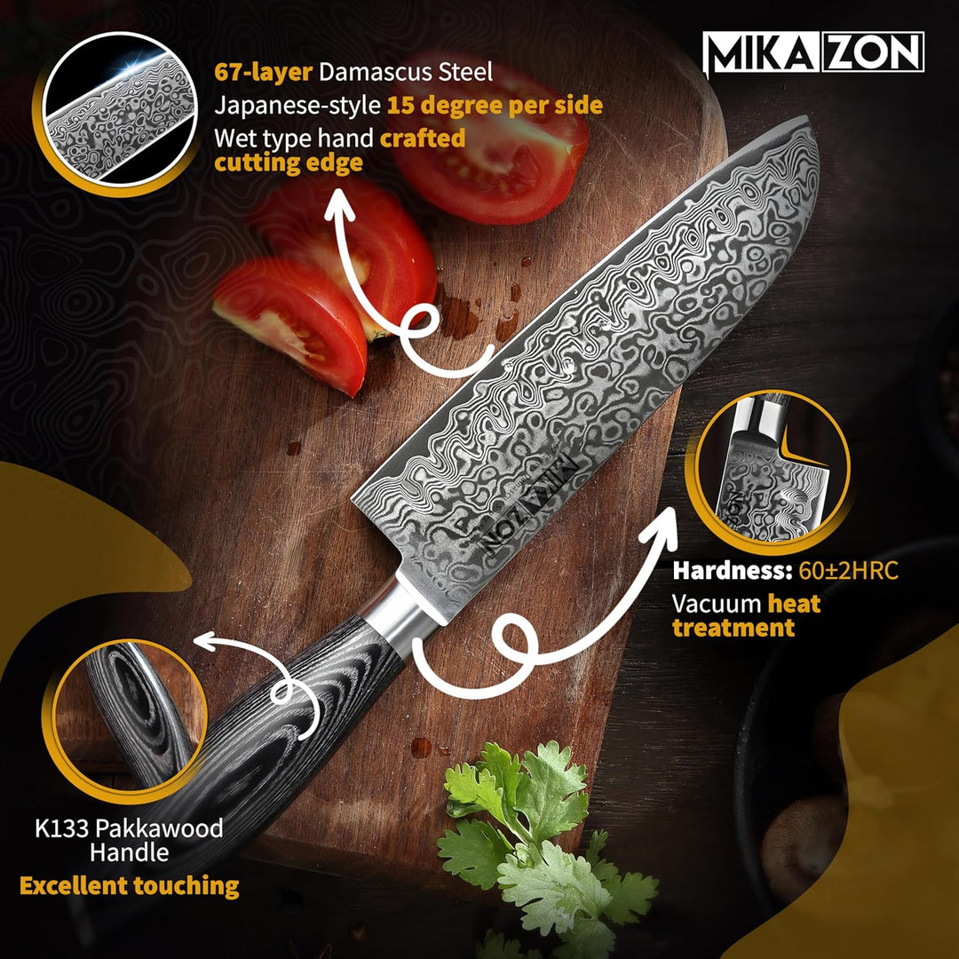 Damast Santoku - Japanisches 17.8 cm Allzweck-Küchenmesser mit 67-lagiger Stahlkonstruktion und Pakk