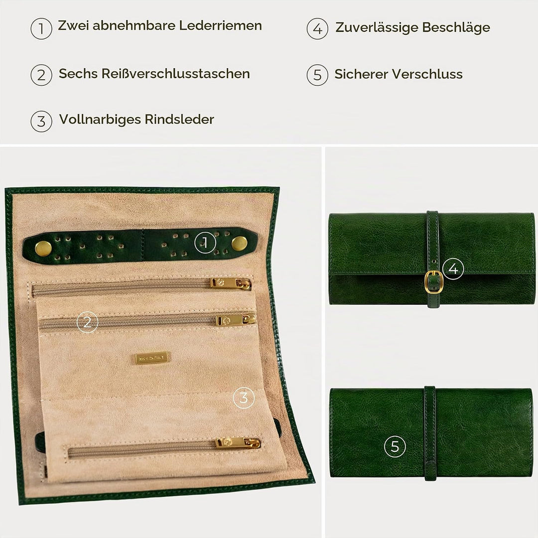 Time Resistance Grün Leder Schmuck Organizer – 100% Leder Schmuckrolle für Reisen Hergestellt in Ita
