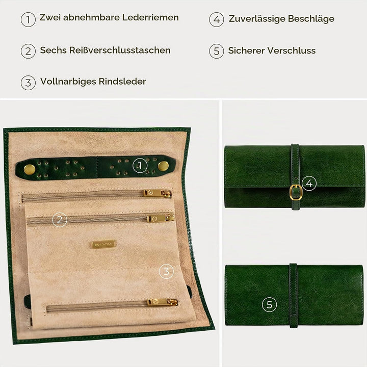 Time Resistance Grün Leder Schmuck Organizer – 100% Leder Schmuckrolle für Reisen Hergestellt in Ita