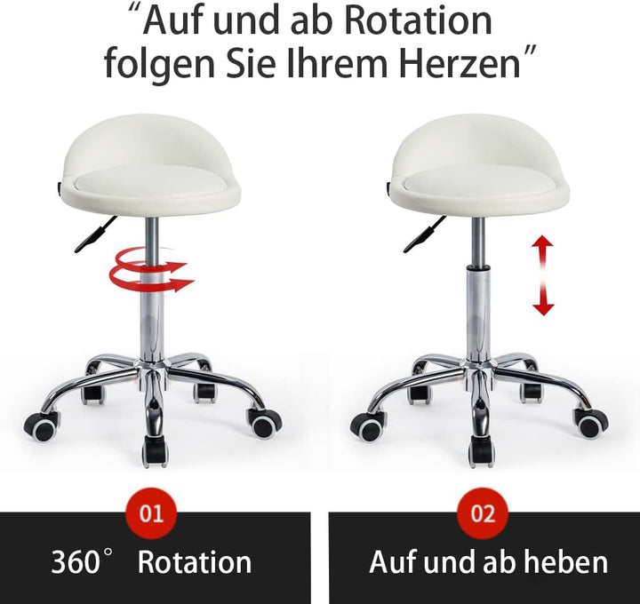 Mingone Bürohocker mit Rollen Arbeitshocker Weiss Rollhocker Höhenverstellbar Sitzhocker 360° Drehba