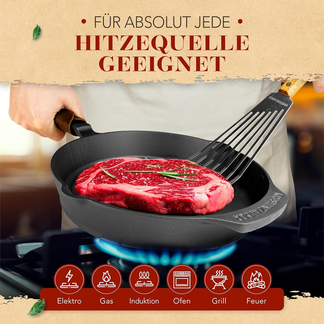 KRUSTENZAUBER Gusseisenpfanne Induktion 24cm inkl. Deckel und Pfannenwender - Geschliffene Pfanne Gu