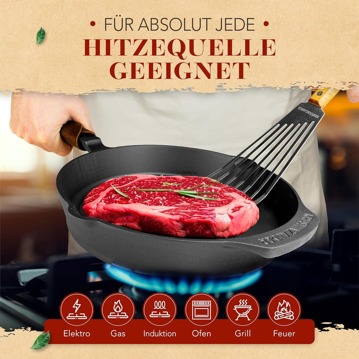 KRUSTENZAUBER Gusseisenpfanne Induktion 24cm inkl. Deckel und Pfannenwender - Geschliffene Pfanne Gu