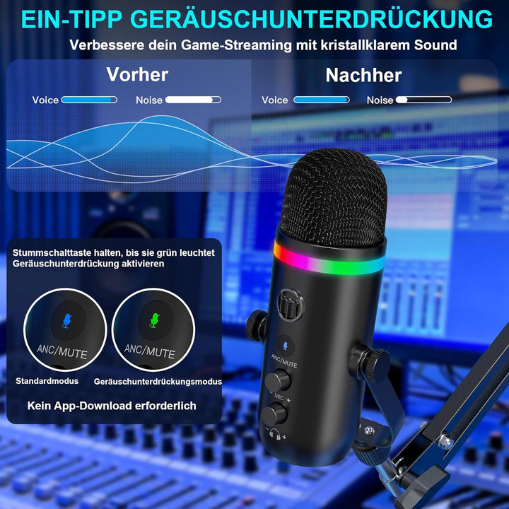 zealsound Podcast Mikrofon mit Arm -RGB Rauschunterdrückung Gaming Kondensatormikrofon für PC & Hand