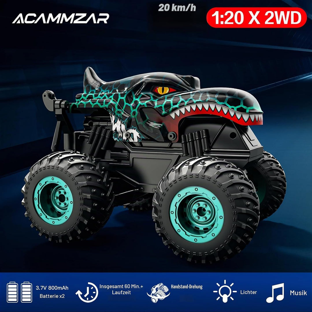 ACAMMZAR Ferngesteuertes Auto Dinosaurier, 2.4GHz 20+km/h Ferngesteuertes RC Monster Truck mit 2 Akk