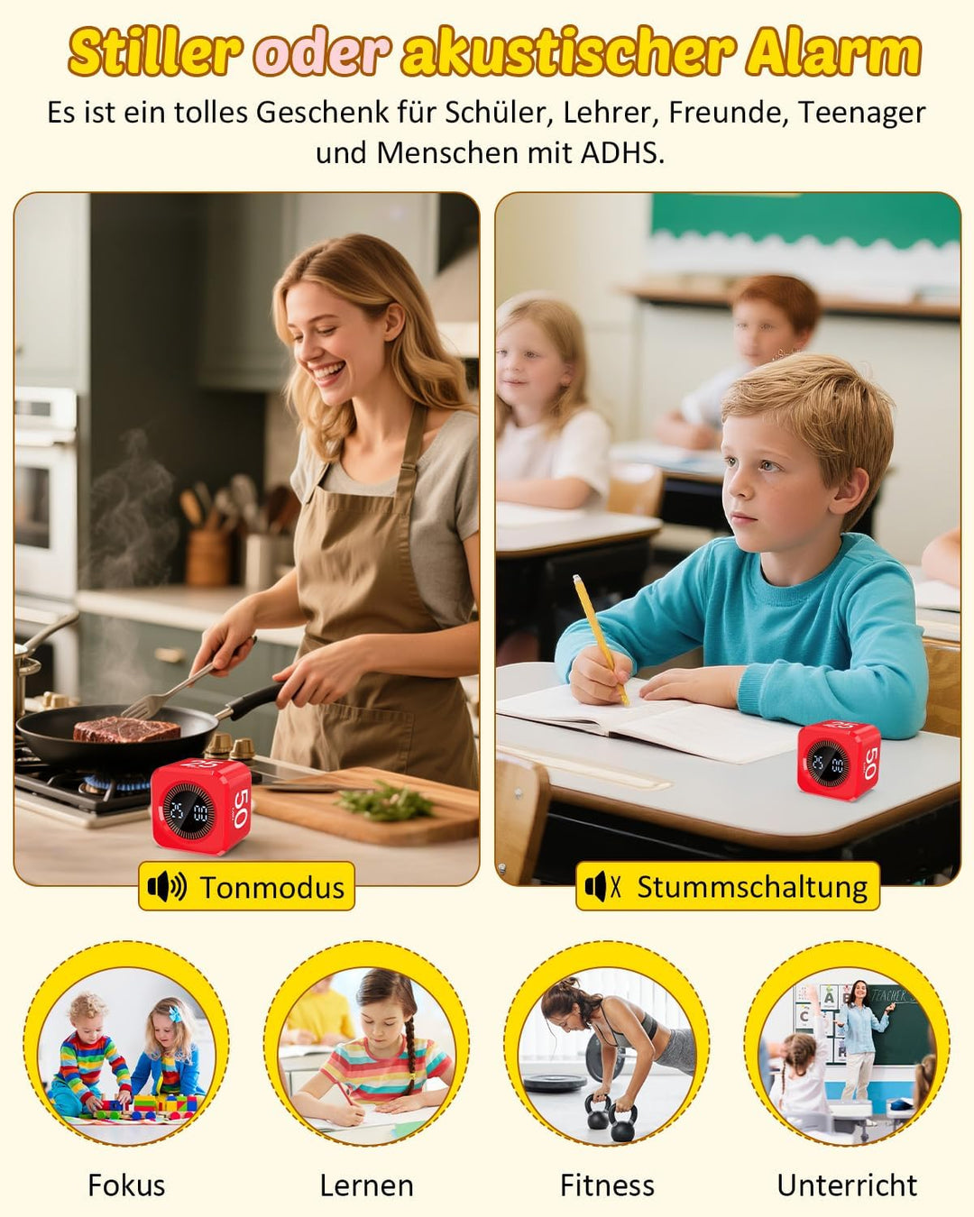 Pomodoro Timer Cube, Visueller Würfel-Timer für Kinder, Digitale LED Drehbarer Timer mit 5/10/25/50