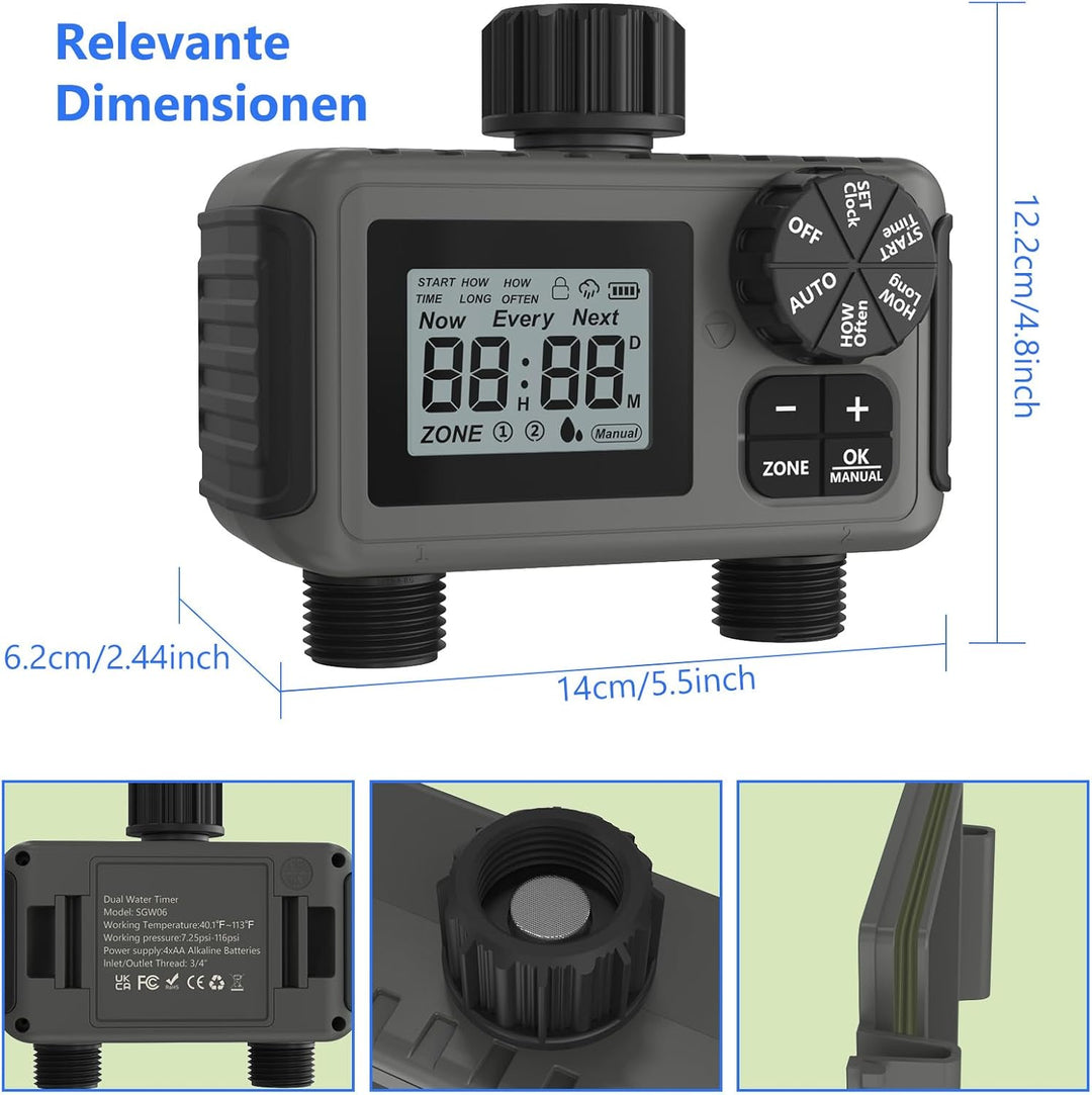 HITRENDS Bewässerungscomputer 2 Ausgänge, Grossem LED-Display, Bewässerungs-Timer mit Regenverzögeru