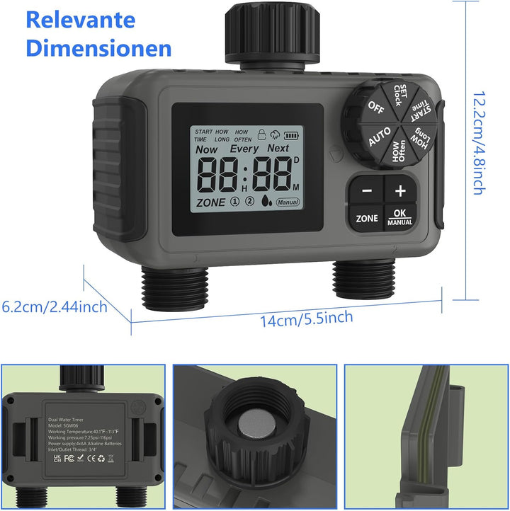 HITRENDS Bewässerungscomputer 2 Ausgänge, Grossem LED-Display, Bewässerungs-Timer mit Regenverzögeru