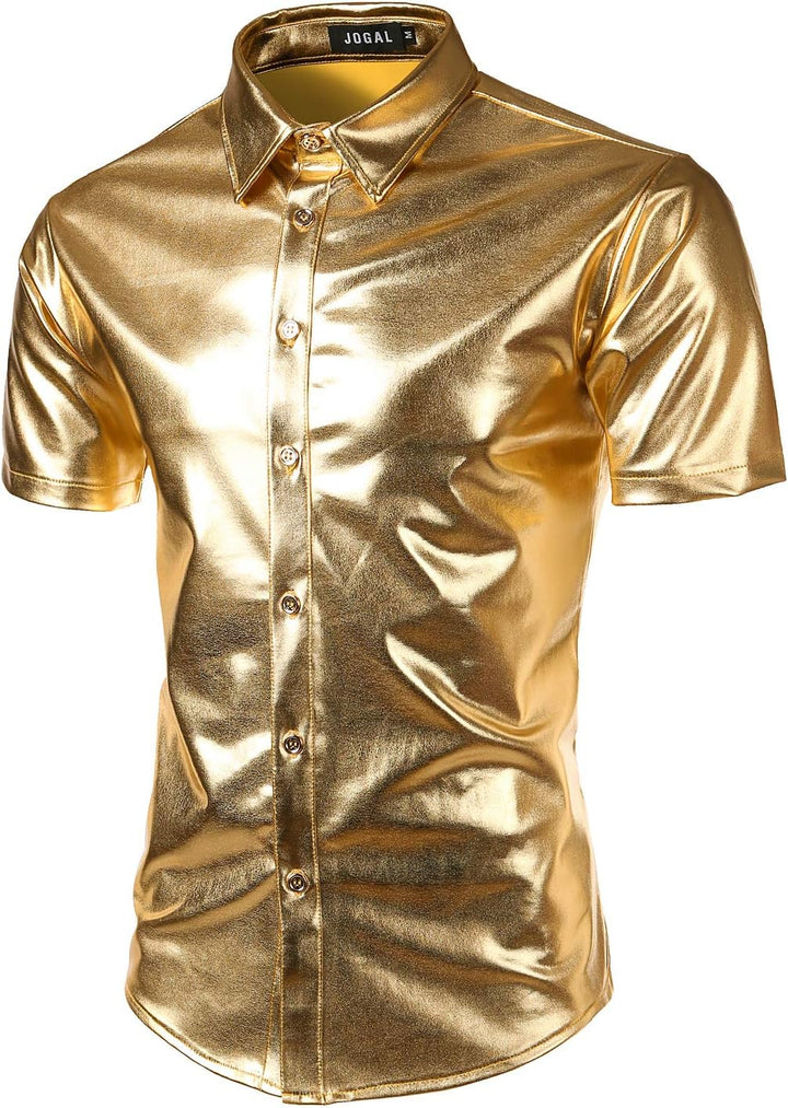 JOGAL Herren Metallic Glänzend Bronzing Nachtklub Party Hemd Gold S, Gold S
