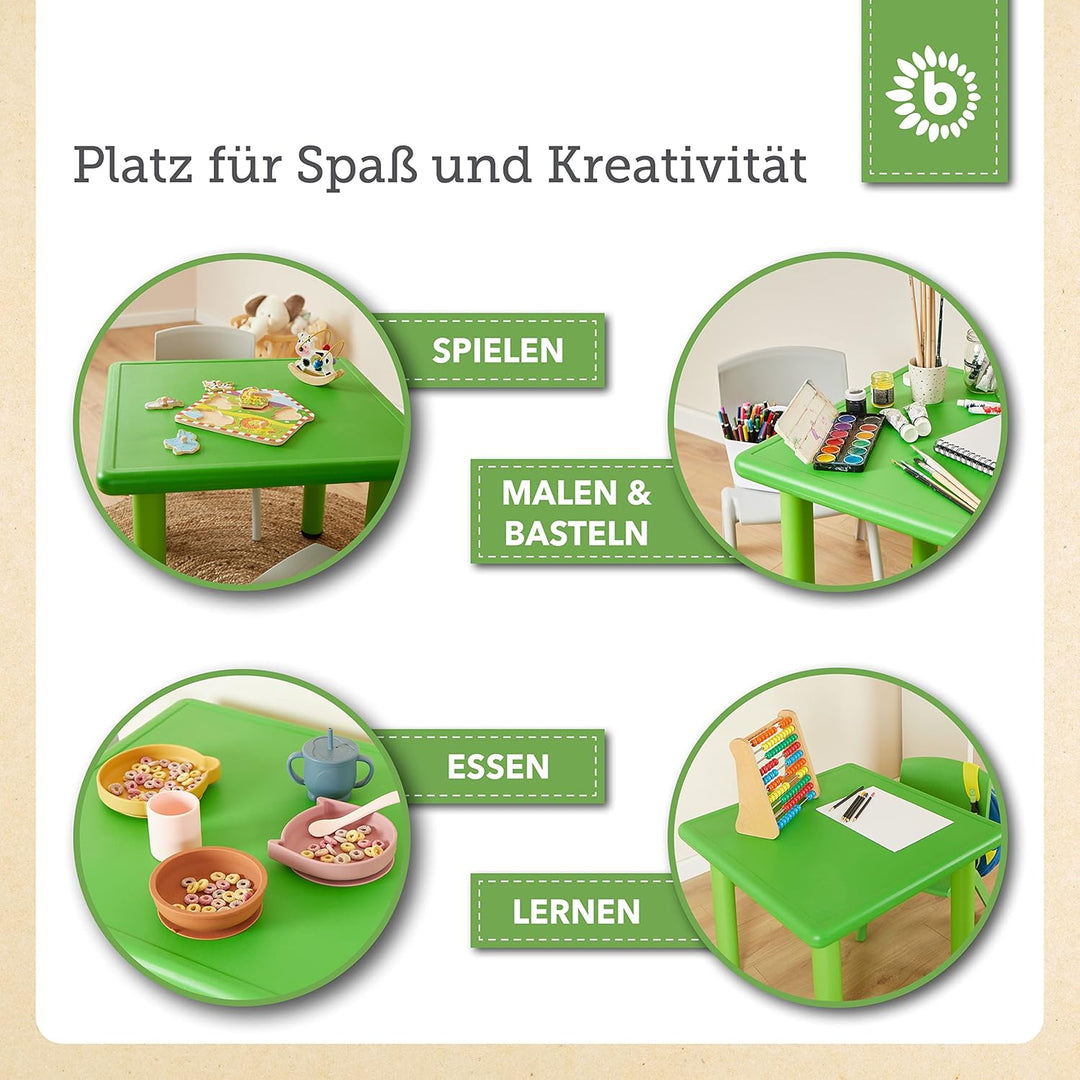 Bieco Kinder Tisch mit 2 Stühlen | Stapelbar & Kippsicher | Maltisch und Basteltisch Grün & Grün, Gr