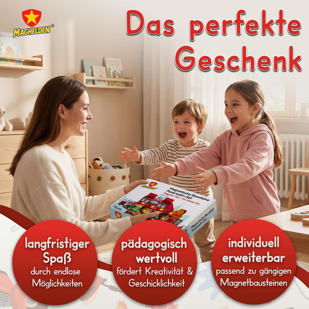Magnetische Bausteine Feuerwehrstation 70 Teile - Magnetbausteine & Magnetspiel mit integrierten Fig