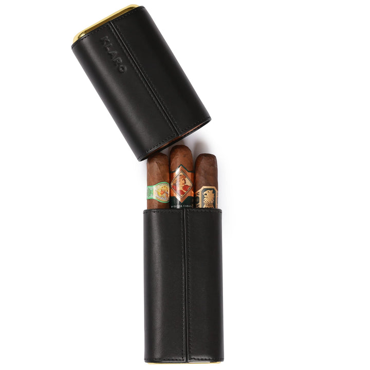 CASE ELEGANCE Premium-Schutzhülle für 3 Zigarren, echtes schwarzes Echtleder, Zedernholz gefüttert m