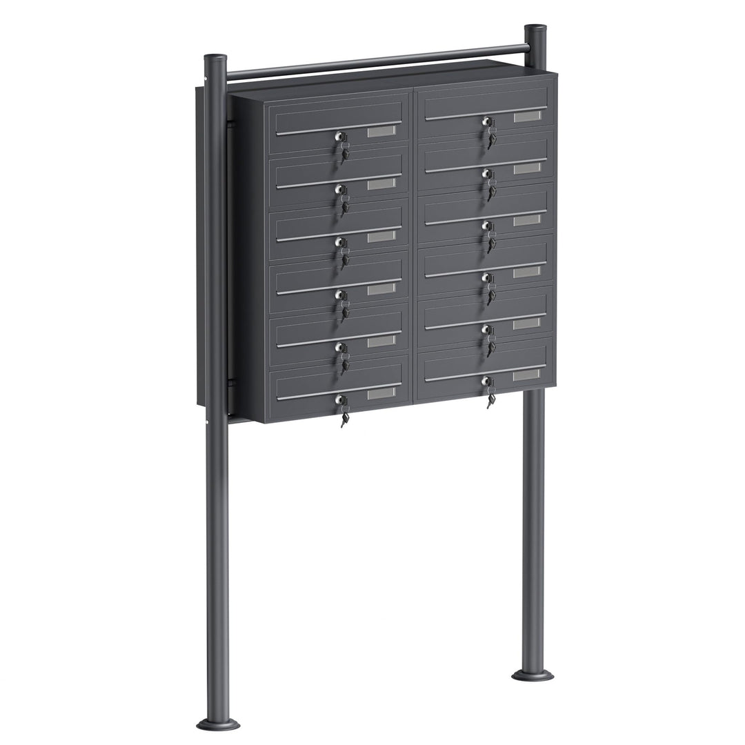 Wiltec 12er Briefkastenanlage Anthrazit 898 x 270 x 1500 mm, Standbriefkasten mit 2x6 Fächern, Schlü