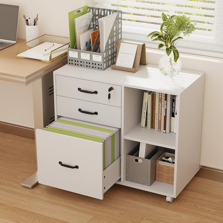 OC Orange-Casual Aktenschrank mit 3 Schubladen und 2 offenen Ablagen, Mobiler Druckertisch mit Rolle
