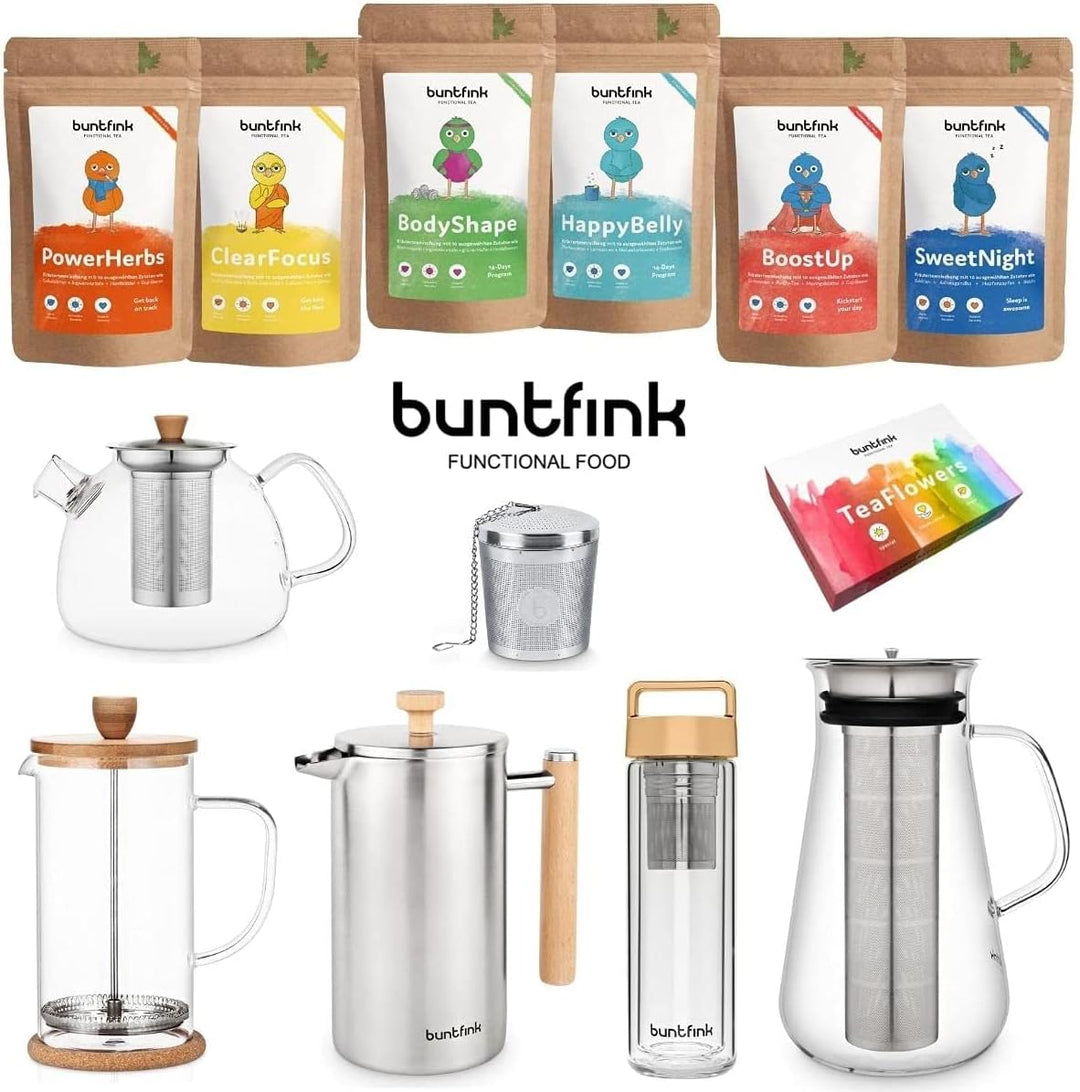 buntfink®„TeaPot“ Teekanne Glas mit Siebeinsatz für 1.300 ml I Glasteekanne mit Siebeinsatz aus Boro