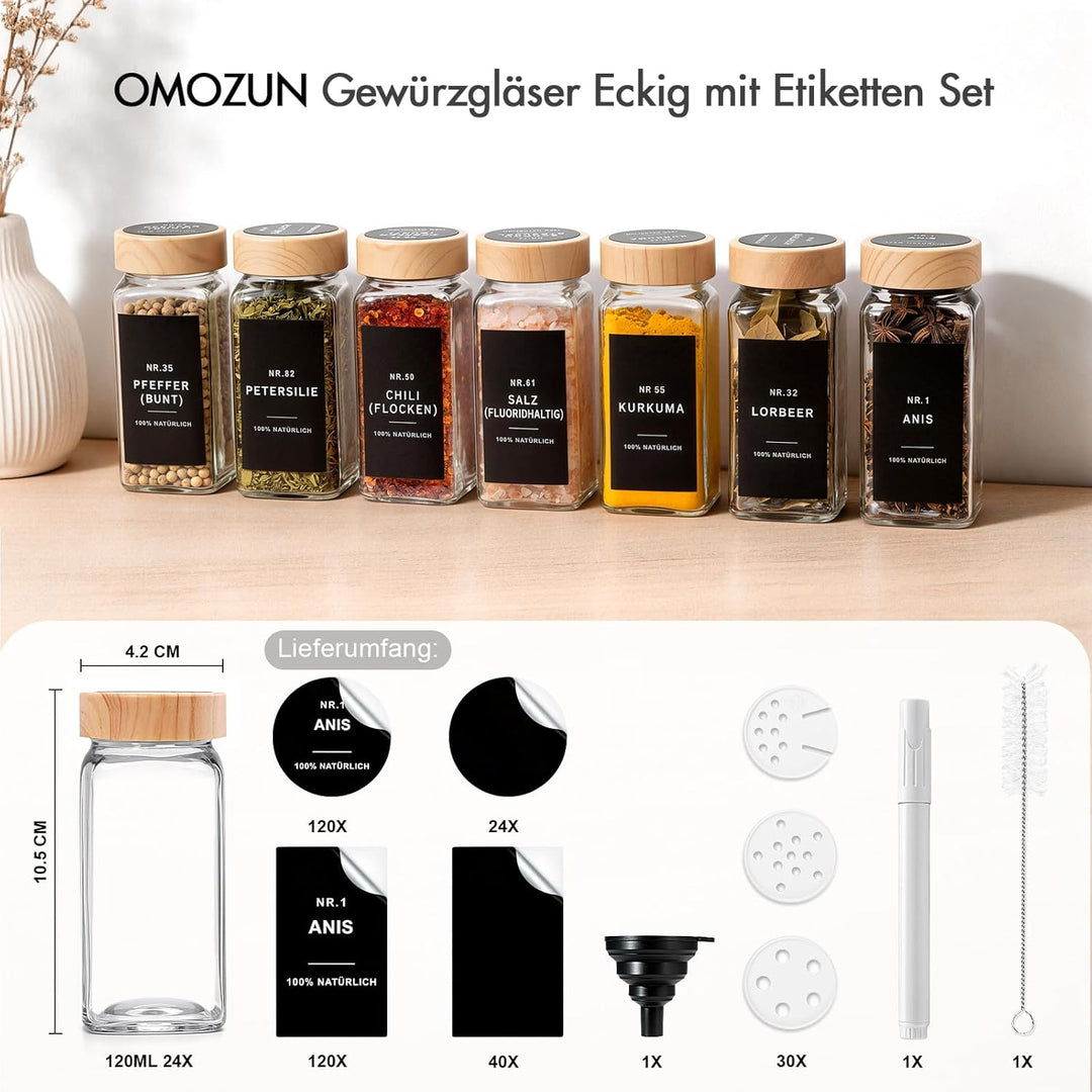 Gewürzgläser eckig mit Holzmaserung Deckel Set 24er : 120 ml Gewürzdosen Glas mit Etiketten & Streue