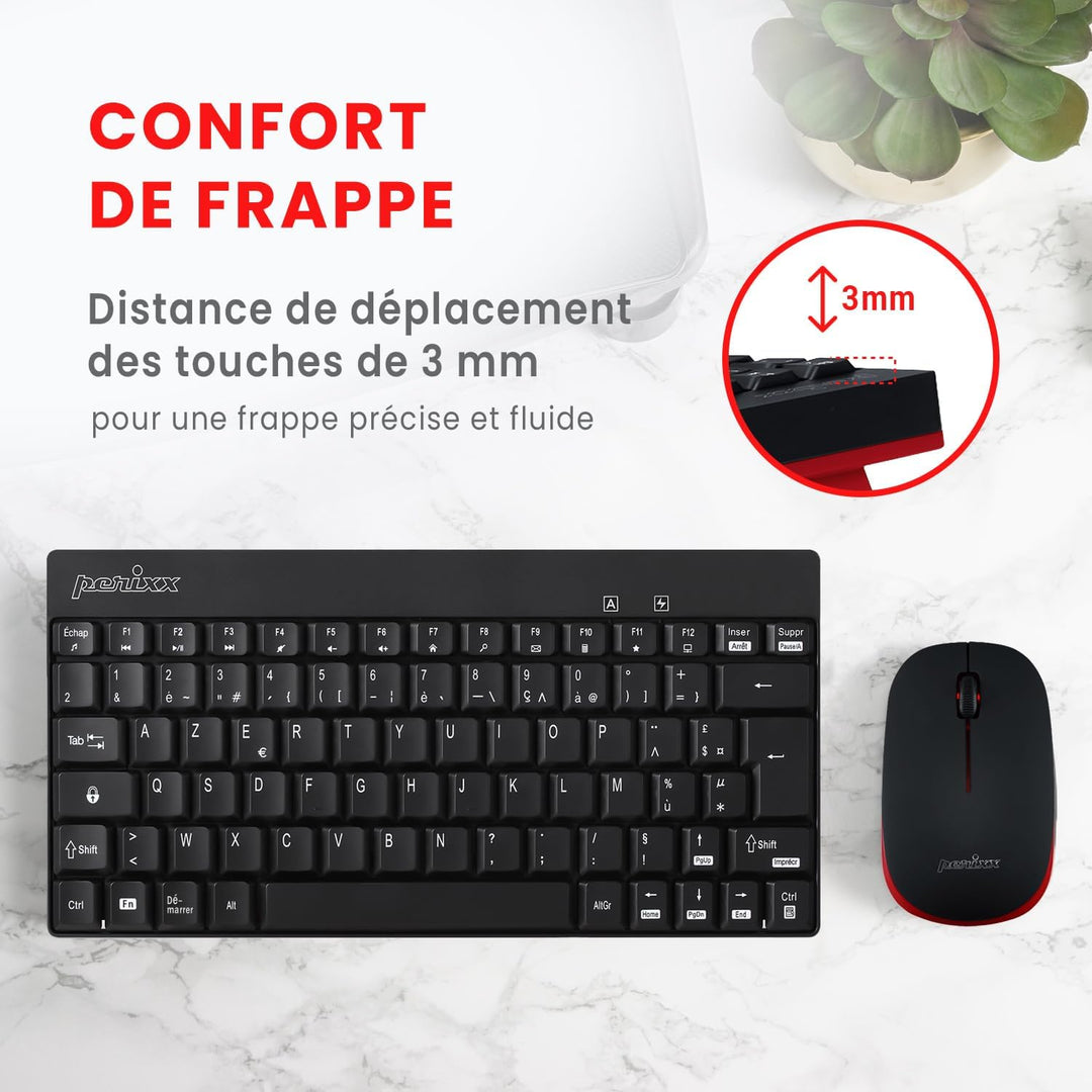 Perixx PERIDUO-712, Ensemble Clavier Souris Mini Sans Fil Pour Windows - 12 Touches Multimédia, Noir