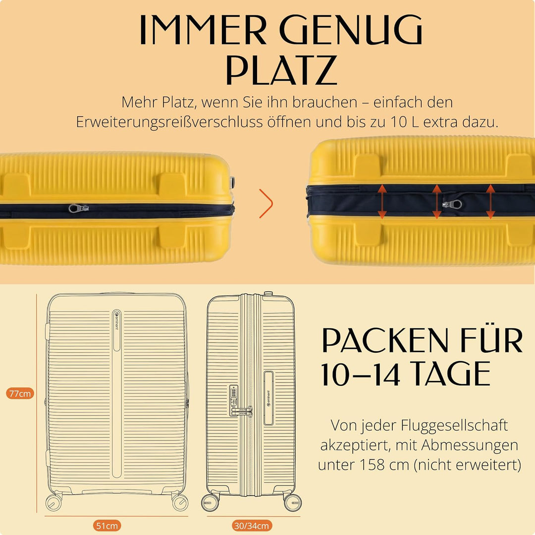 Eminent Finno Koffer Gross 77x51x30 cm, Erweiterbar, Hartschalenkoffer, 4 Rollen, Leicht, TSA Schlos